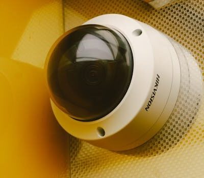 Close-up of a modern security camera installed indoors, ideal for surveillance.